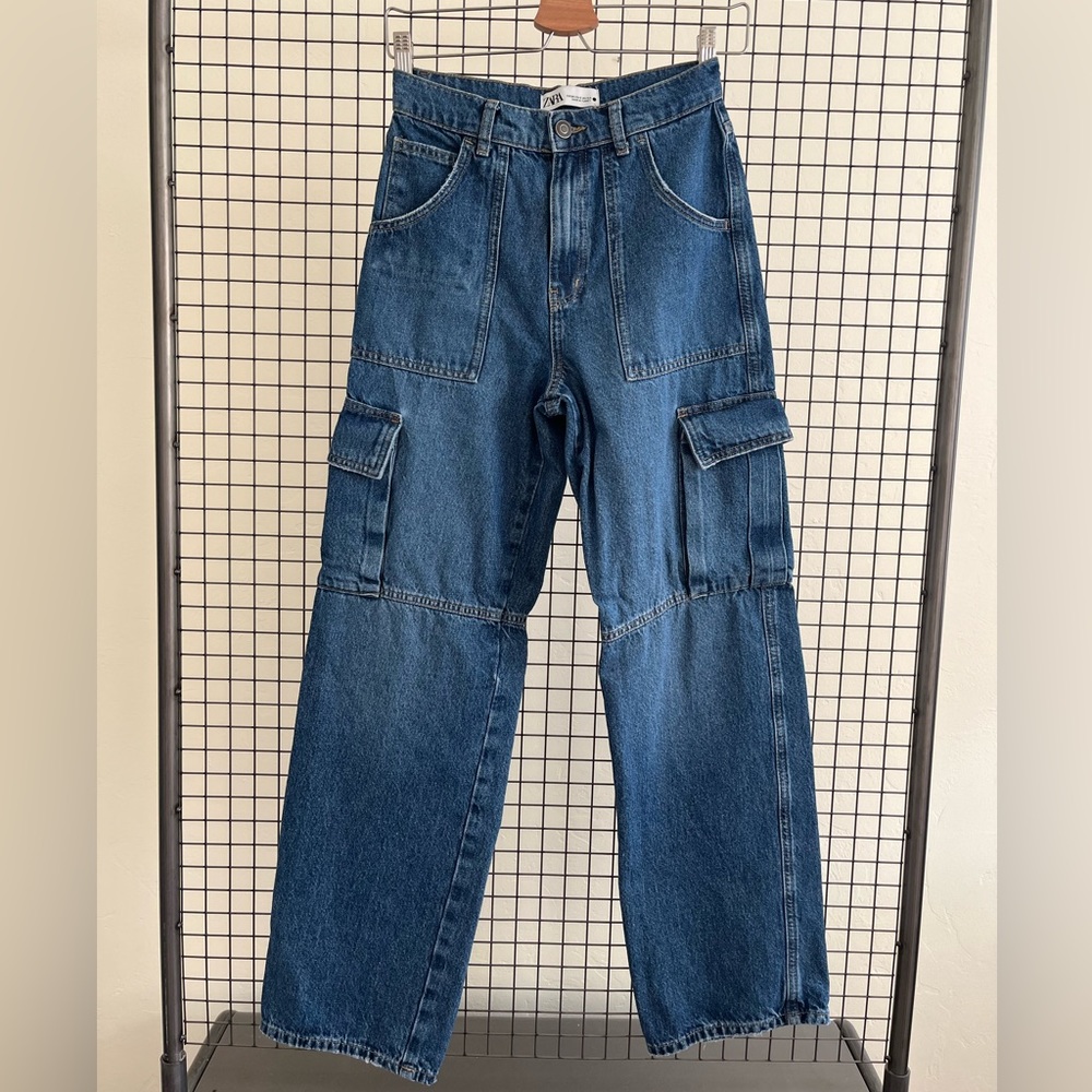 Zara Blue High Waisted Wide‎ Leg Cargo Jeans Utility Denim Pants Sz 2
